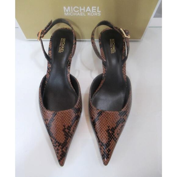 Michael Kors Luna Kitten Sling Back Pump Sandal Luggage Snake Print LeatheSize 7 - Picture 3 of 9